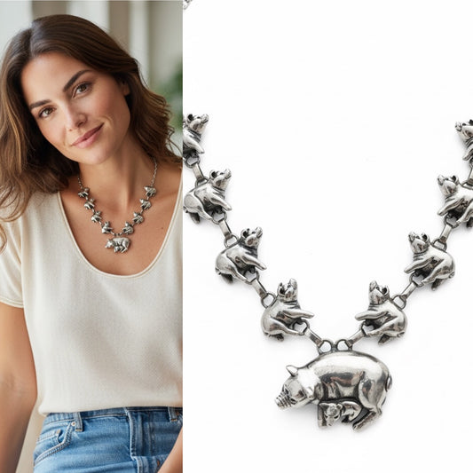 Designer Carol Felley Native American Pig Family Station Necklace 925 Sterling Silver