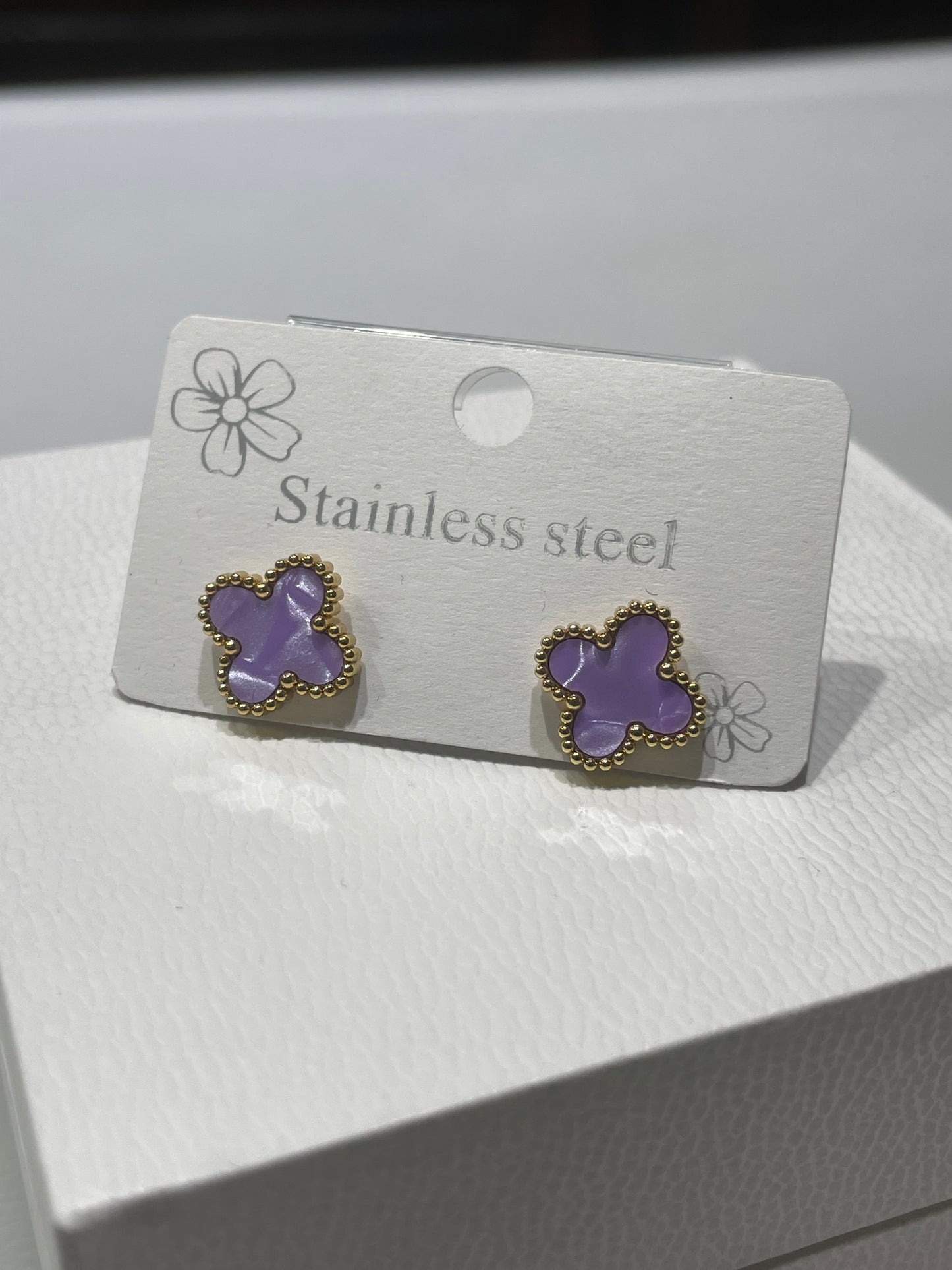 Stainless Steel Vermeil Lavendar Purple Clover Van Cleef Style Post Stud Earrings