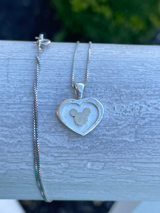925 Sterling Silver Mickey Logo Heart Shape Necklace