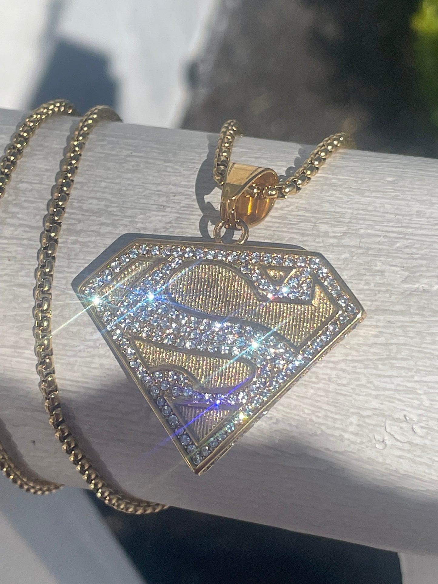 Stainless Steel Gold Color Sparkling Superman Logo Necklace