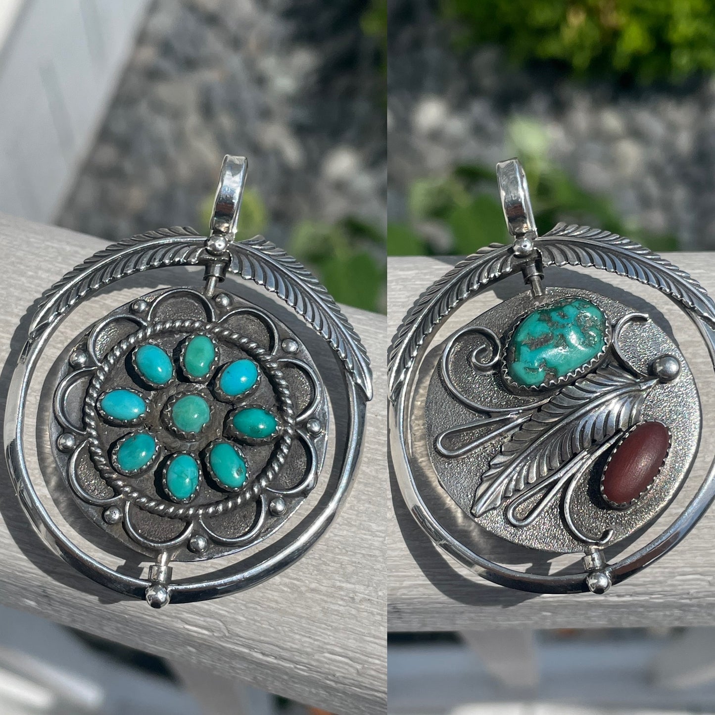 Navajo Designer Alfred Joe Native American Large Reversible Turquoise & Carnelian 925 Sterling Silver Pendant