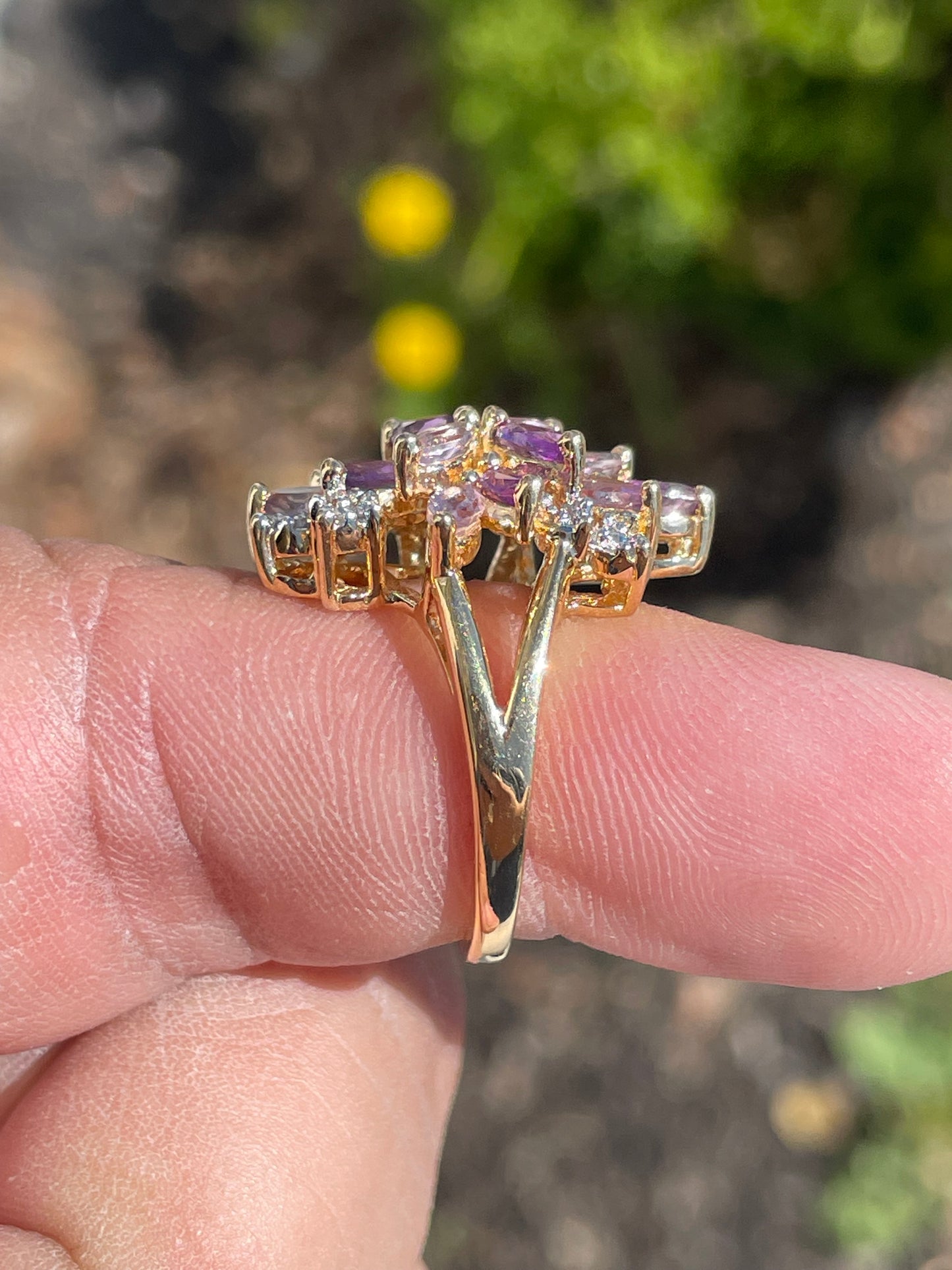 925 Sterling Silver Natural Amethyst & Diamond Cluster Ring Size 7