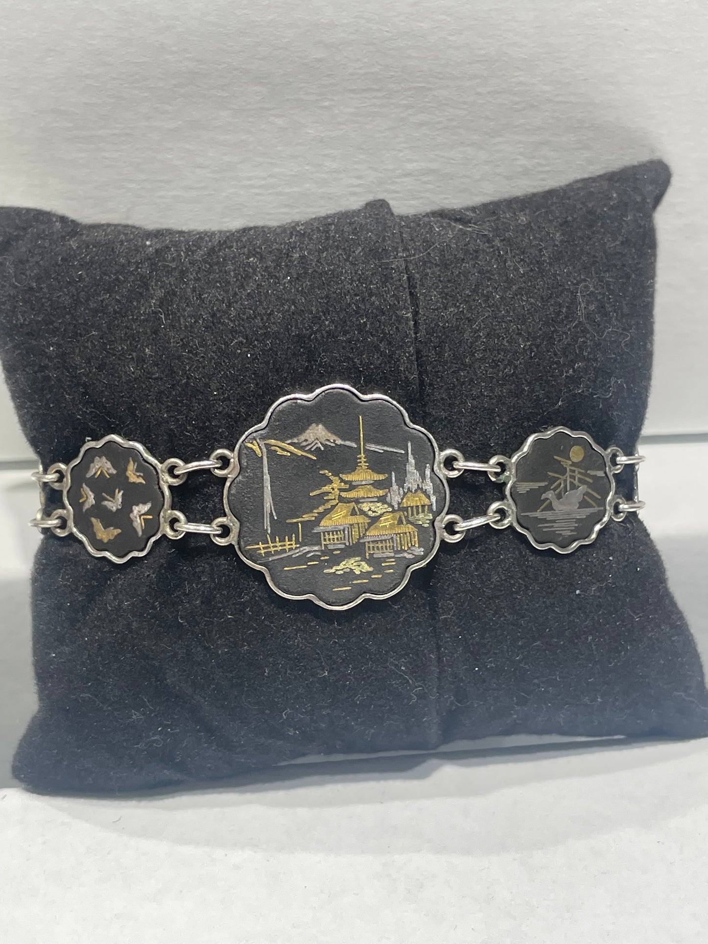 Designer Amita 925 Sterling Silver & 24k gold Japanese Etched Tile Bracelet 7”