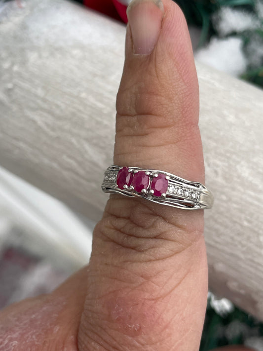 925 Sterling Silver Past Present Future Natural Ruby & Diamond Ring Size 8
