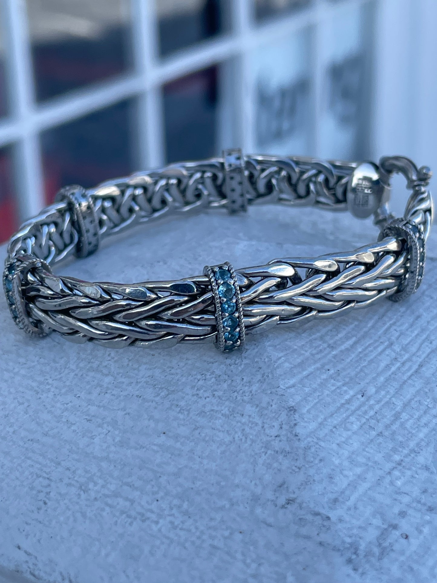 925 Silver Blue Topaz Station Woven Braided Bracelet 7”
