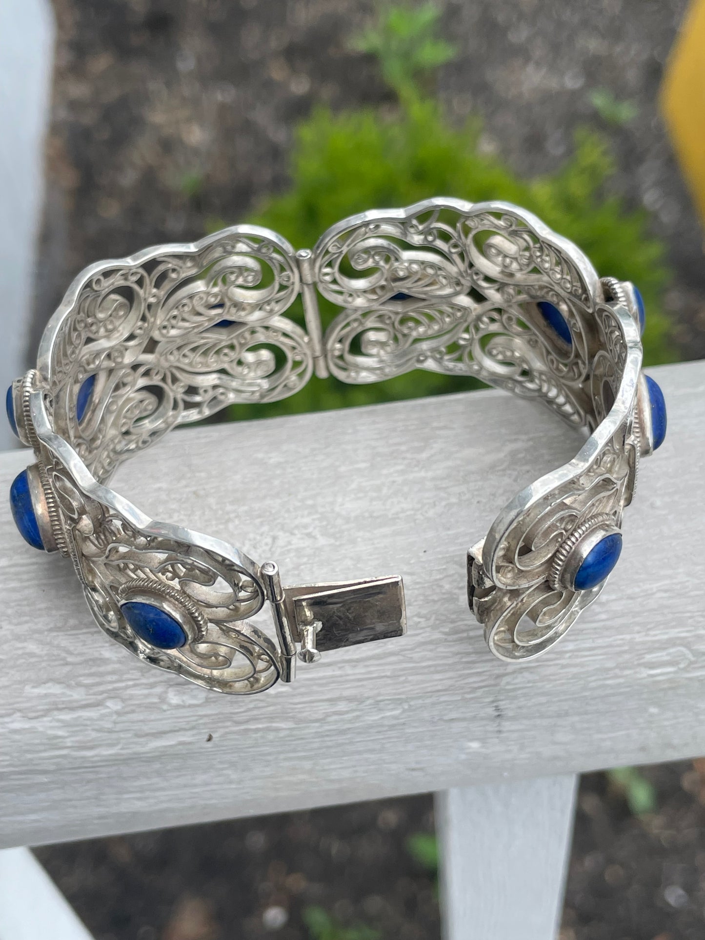 Designer BJ 925 Sterling Silver Open Filigree Blue Lapis Cuff Bracelet 7”