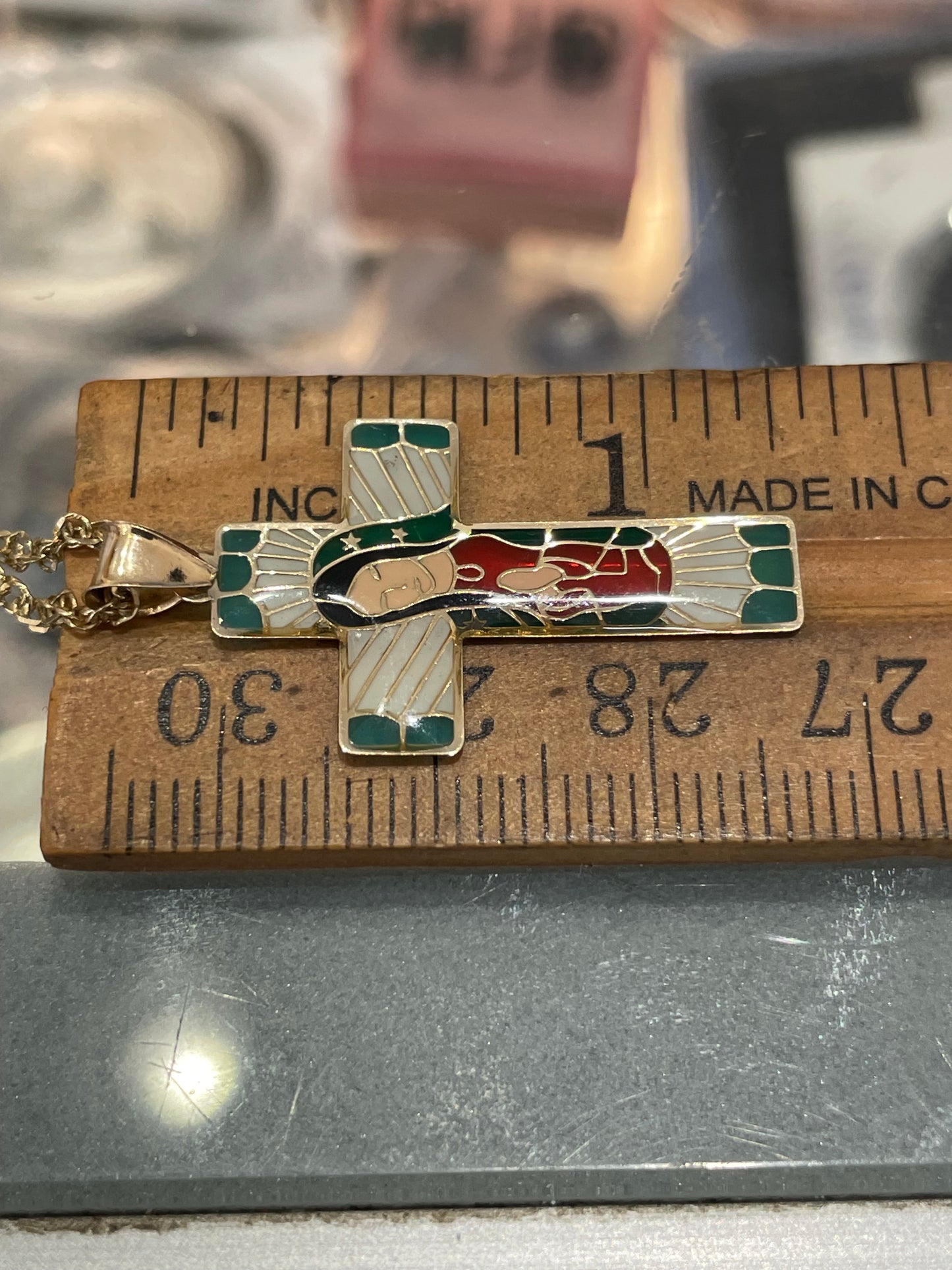 14k Gold Enameled Mother Mary Cross Necklace