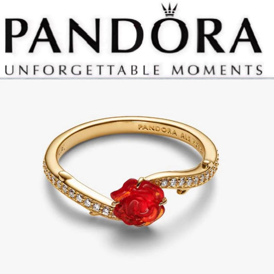 Pandora x Disney Beauty and the Beast Red Crystal Enchanted Rose Band Ring Size 6