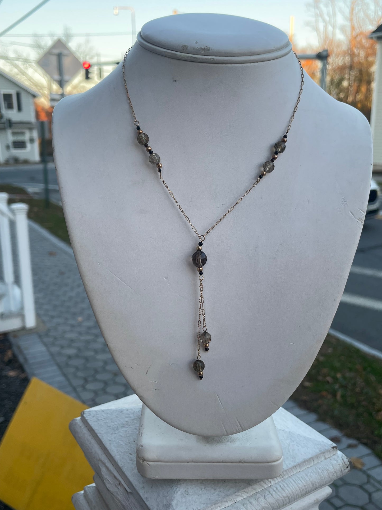 10k Gold Smoky Quartz & Black Onyx Beaded Plunge Necklace 15.5”