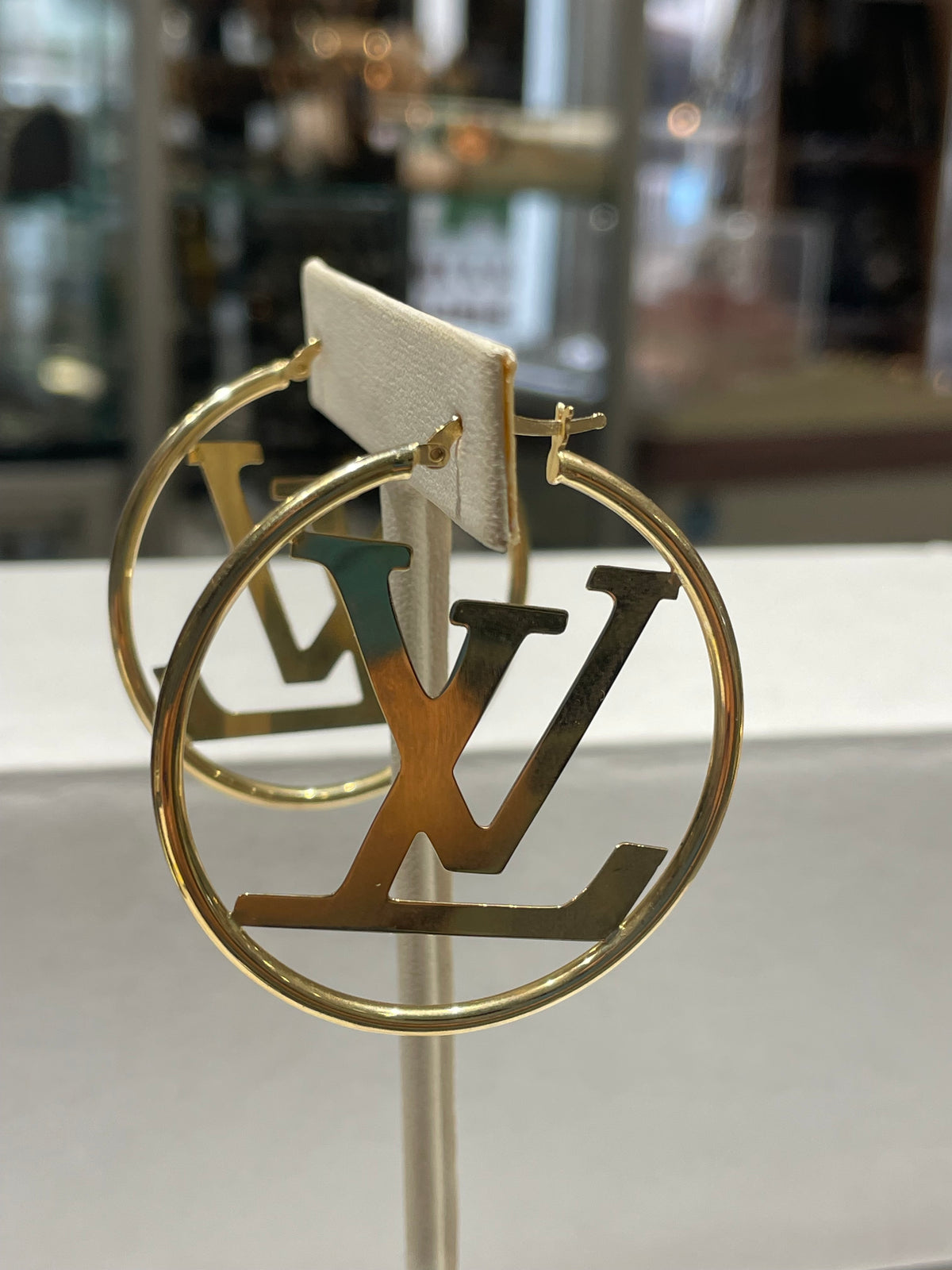 Solid 14k Gold LV Logo Designed Hoop Earrings