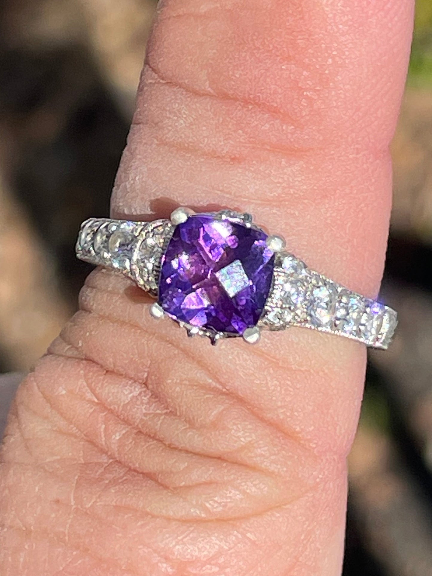 Designer Tacori 925 Sterling Silver Amethyst & Cz Fancy Etched Setting Ring Size 7.5