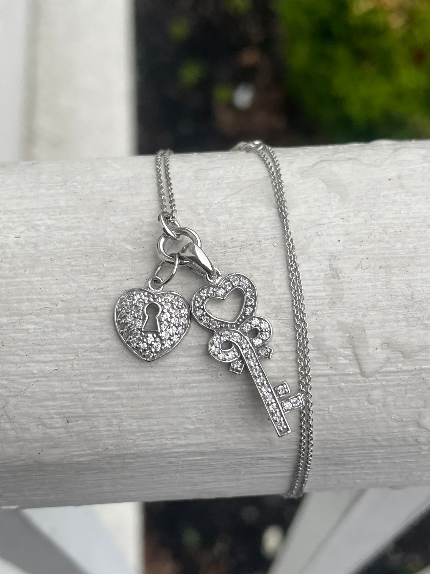 925 Sterling Silver Cz Heart Lock and Key Necklace 16”-18”