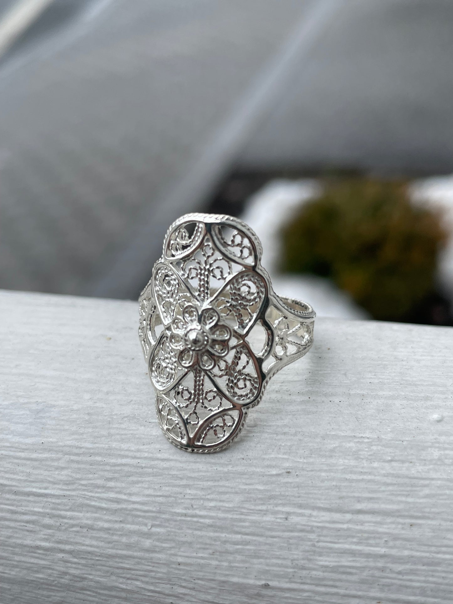925 Sterling Silver Openwork  Filigree Ring Size 10 (K18)