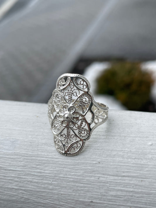925 Sterling Silver Openwork  Filigree Ring Size 10 (K18)