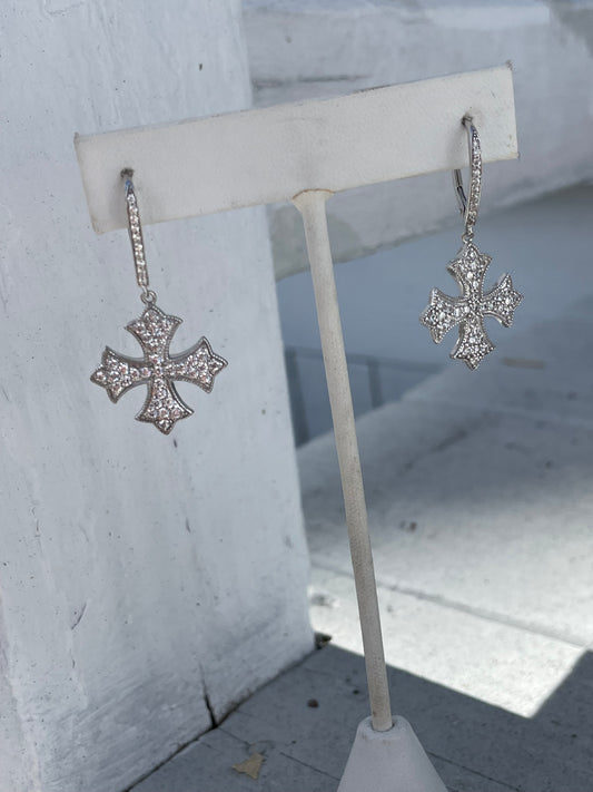 925 Sterling Silver Sparkling Iron Cross Dangle Earrings Signed DE