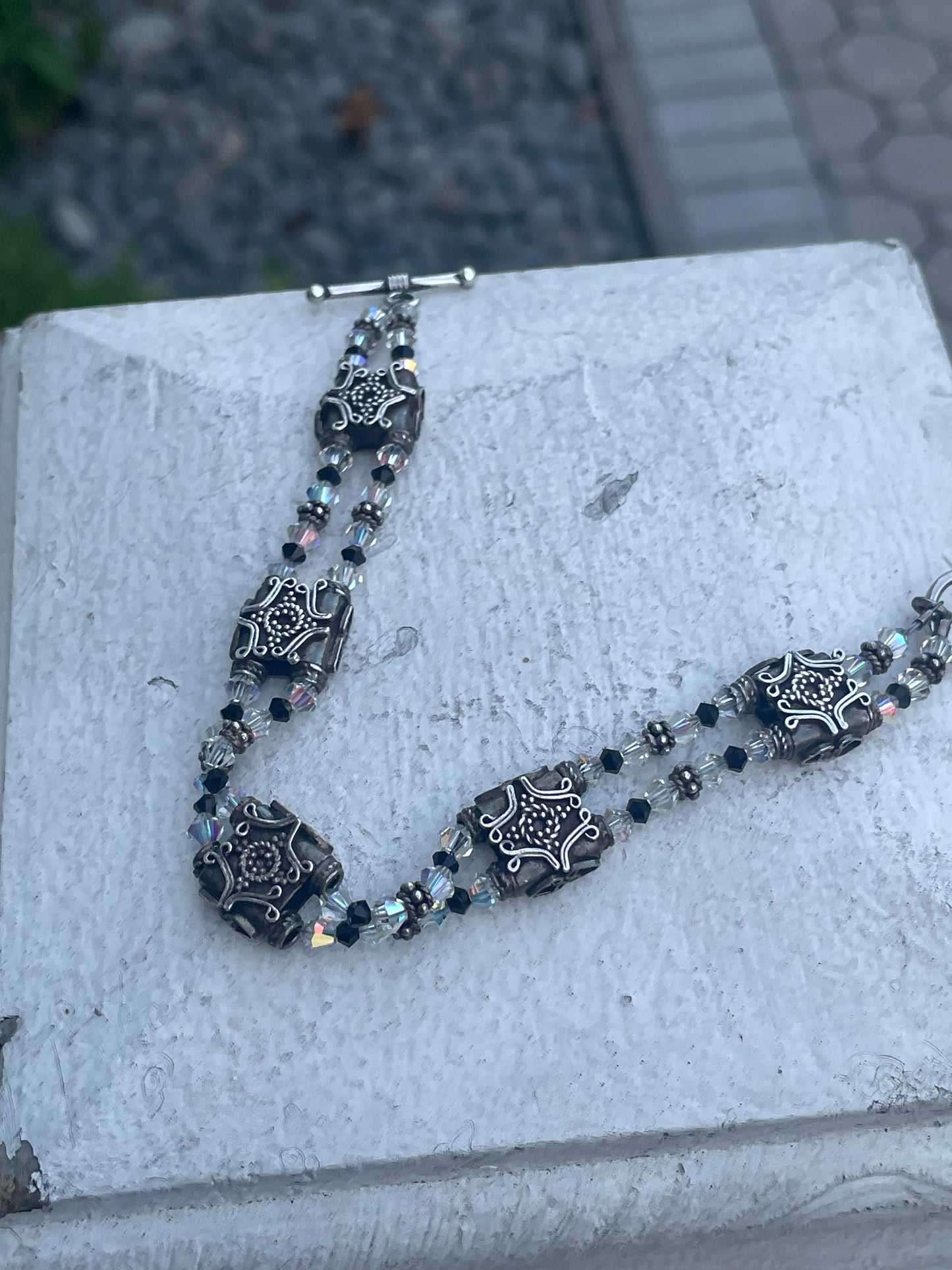 925 Sterling Silver Victorian Filigree Clear & Black Crystal Station Bracelet 8”