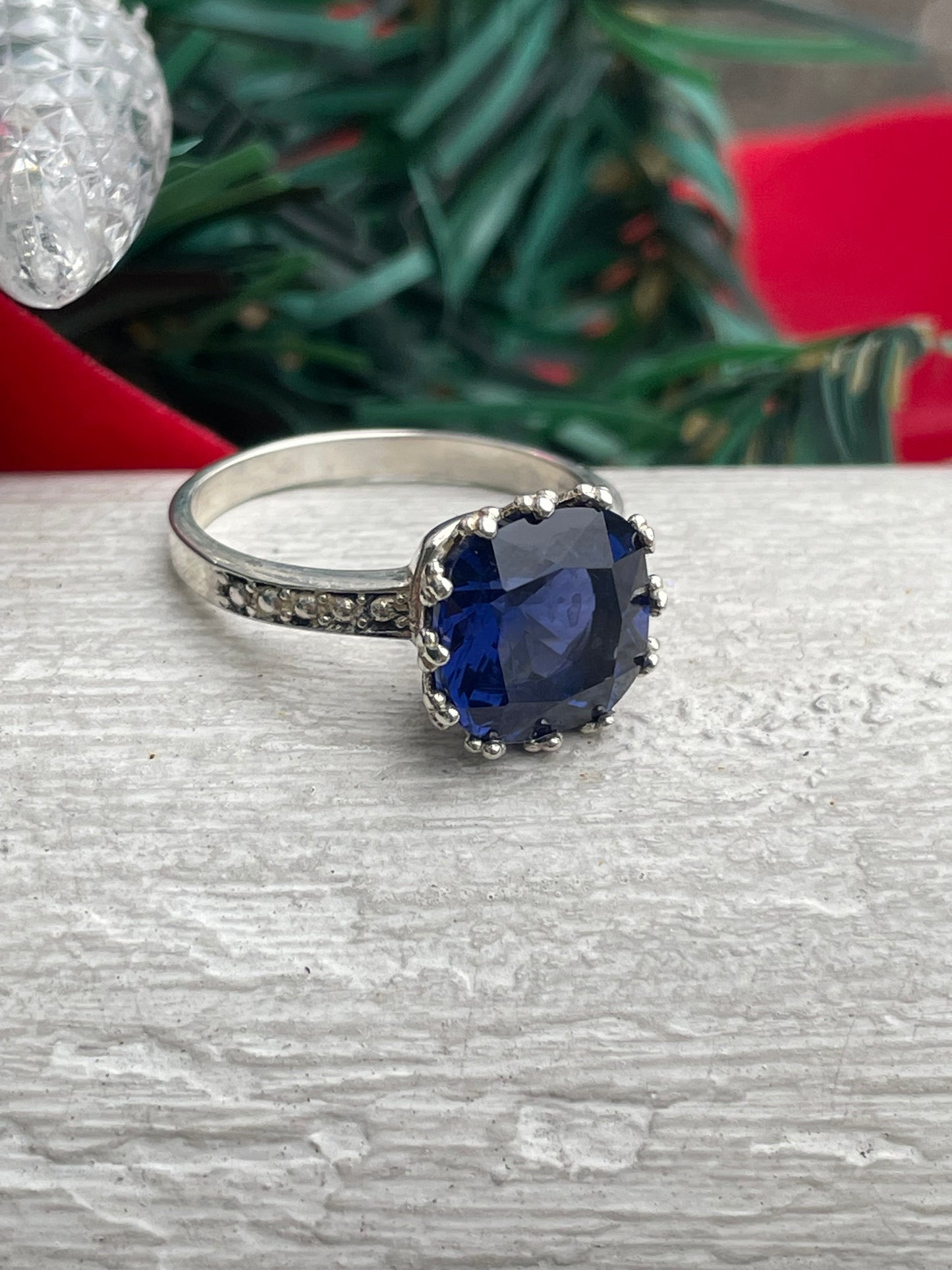 925 Sterling Silver Simulated Sapphire Solitaire Ring Size 8