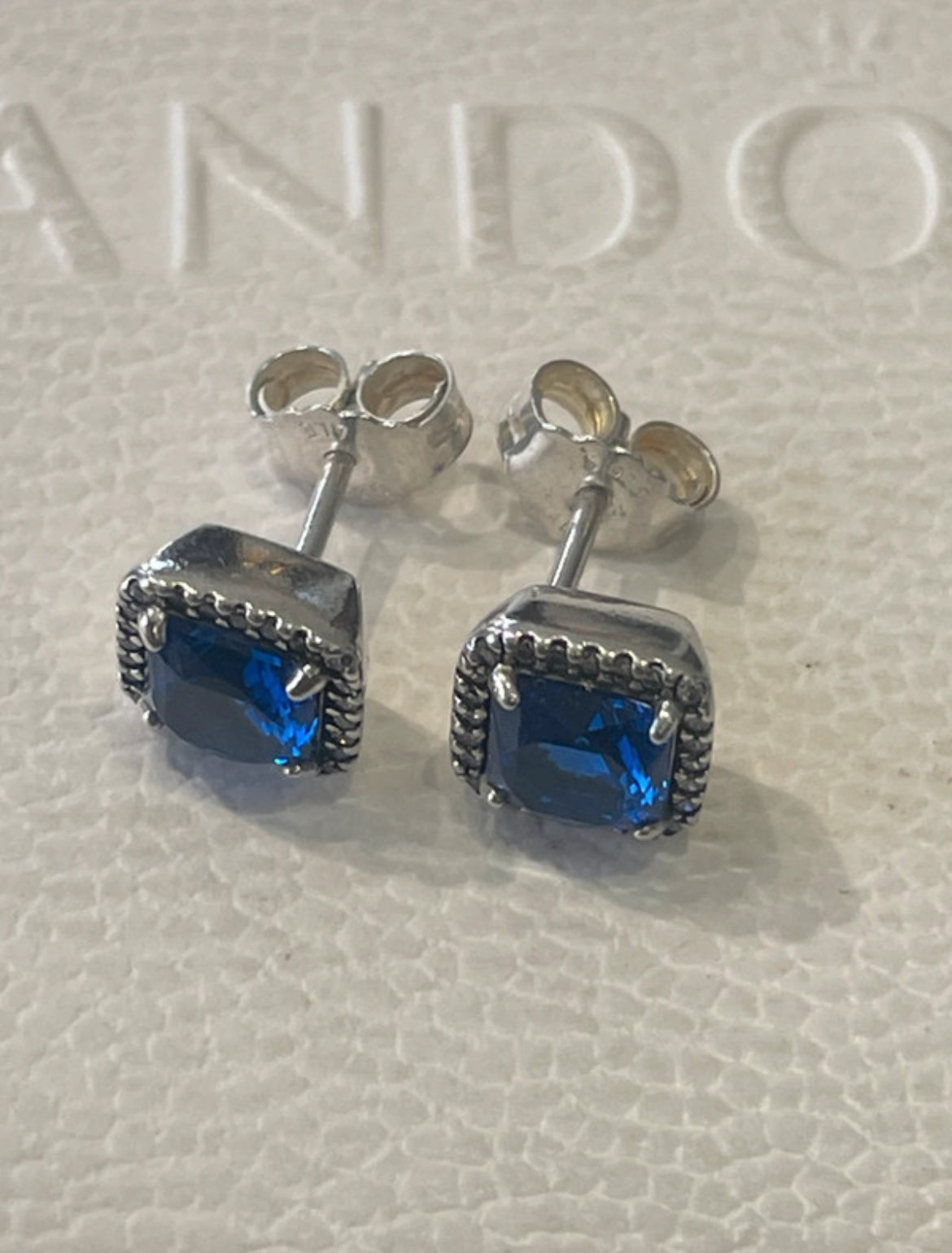 Pandora Sparkling Square Blue Halo Stud Earrings