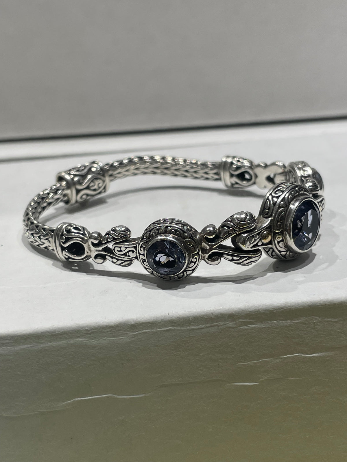 Designer David Schorr (DS) 925 Sterling Silver & 18k Gold Iolite Woven Bracelet