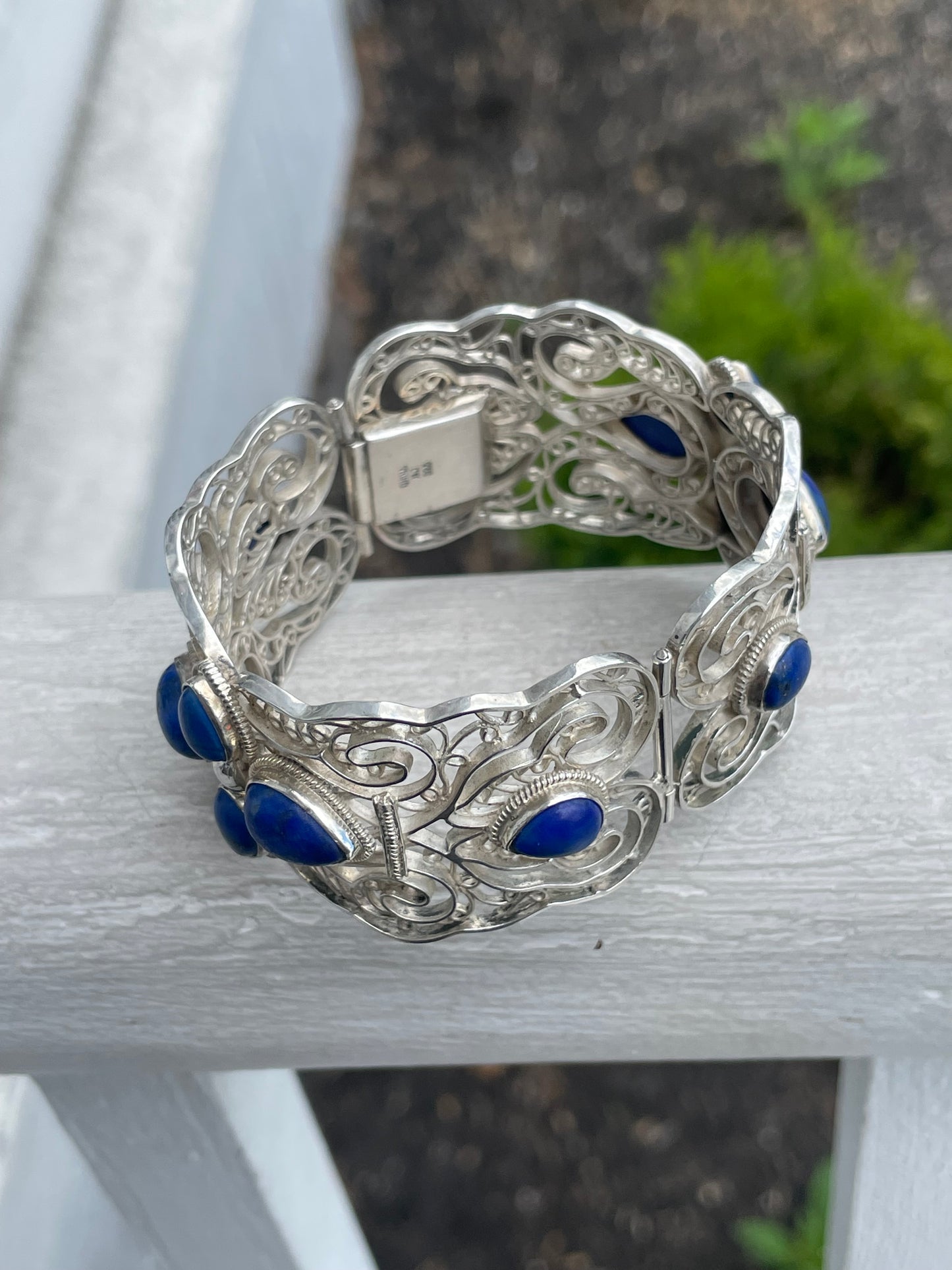 Designer BJ 925 Sterling Silver Open Filigree Blue Lapis Cuff Bracelet 7”