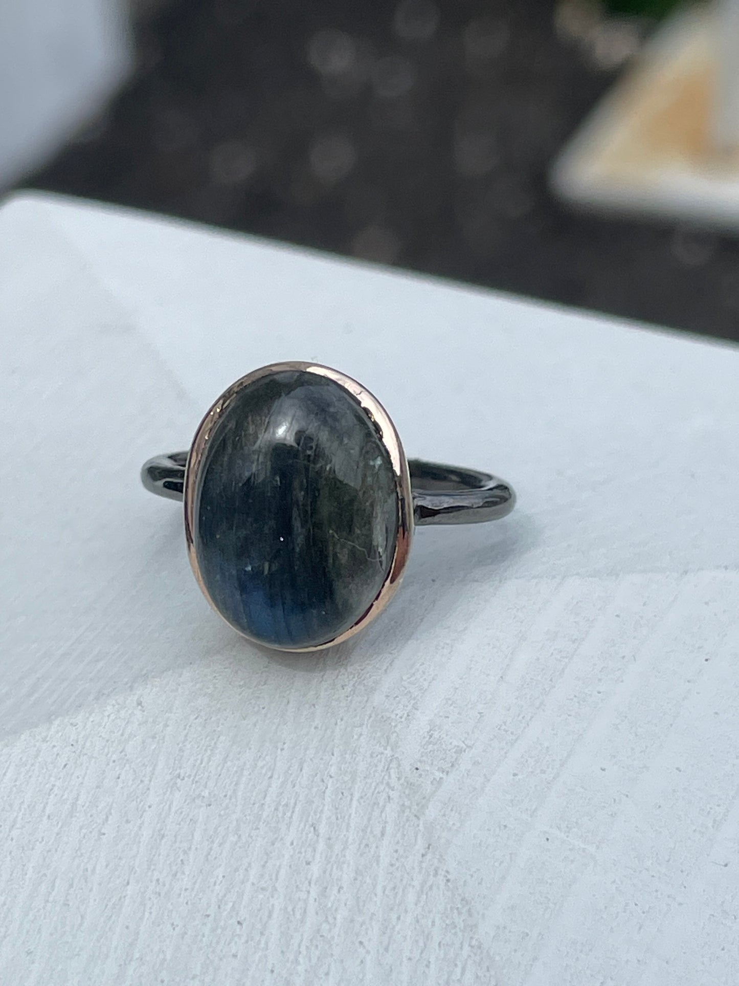 925 Sterling Silver 2tone Oxidized & Rose Vermeil Labradorite Ring