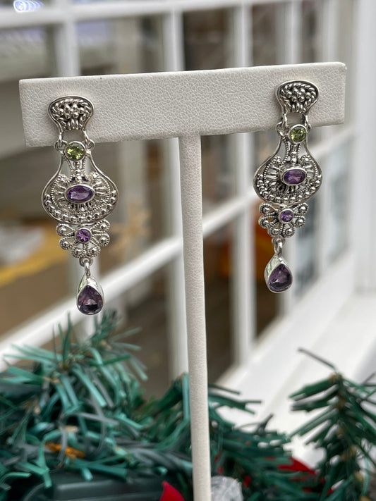 Designer SLG 925 Sterling Silver Amethyst & Peridot Dangle Earrings