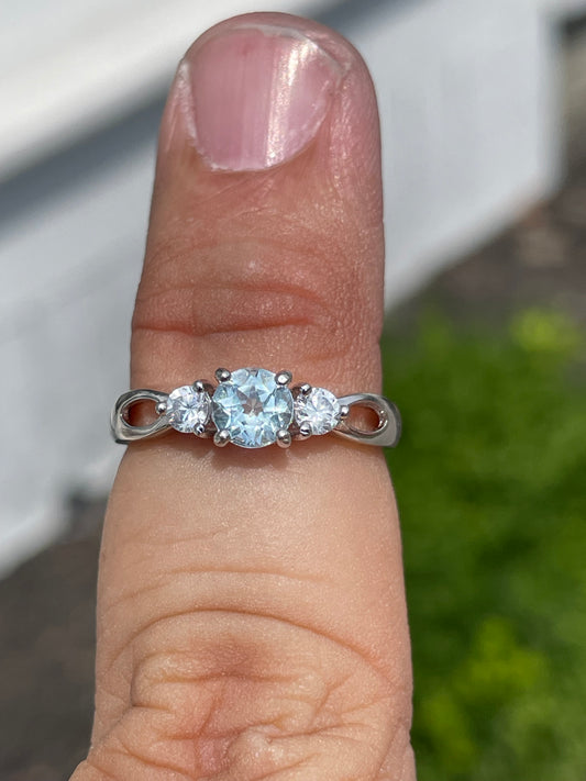 925 Sterling Silver PPF Aquamarine & Cz Ring Size 7