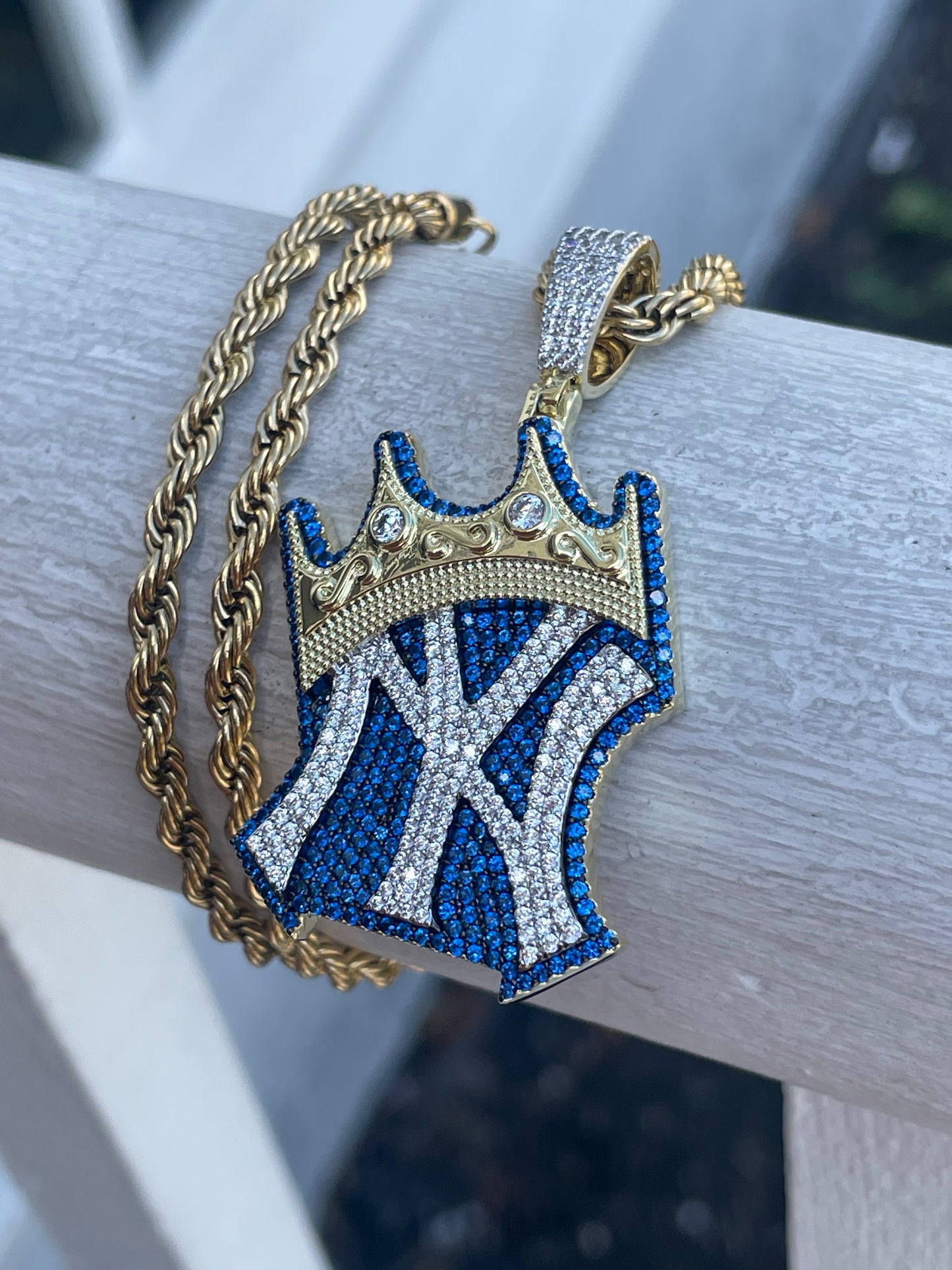Stainless Steel & Yellow Brass King of New York Yankees Logo Sparkling Necklace