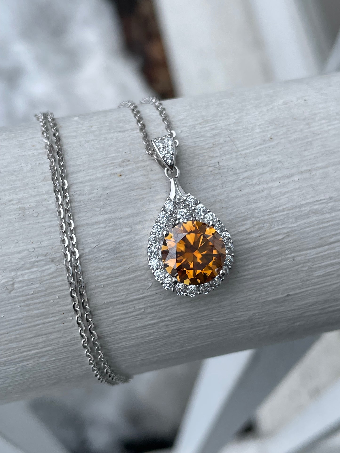 925 Sterling Silver 6.00ct Honey Color Moisonite Halo Necklace (K14)
