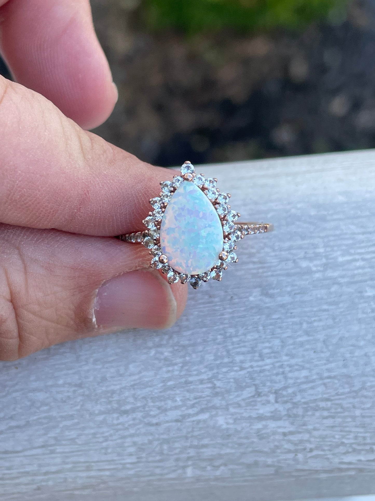 925 Rose Vermeil Sterling Silver Opal & Clear Zirconia Ring Size 8