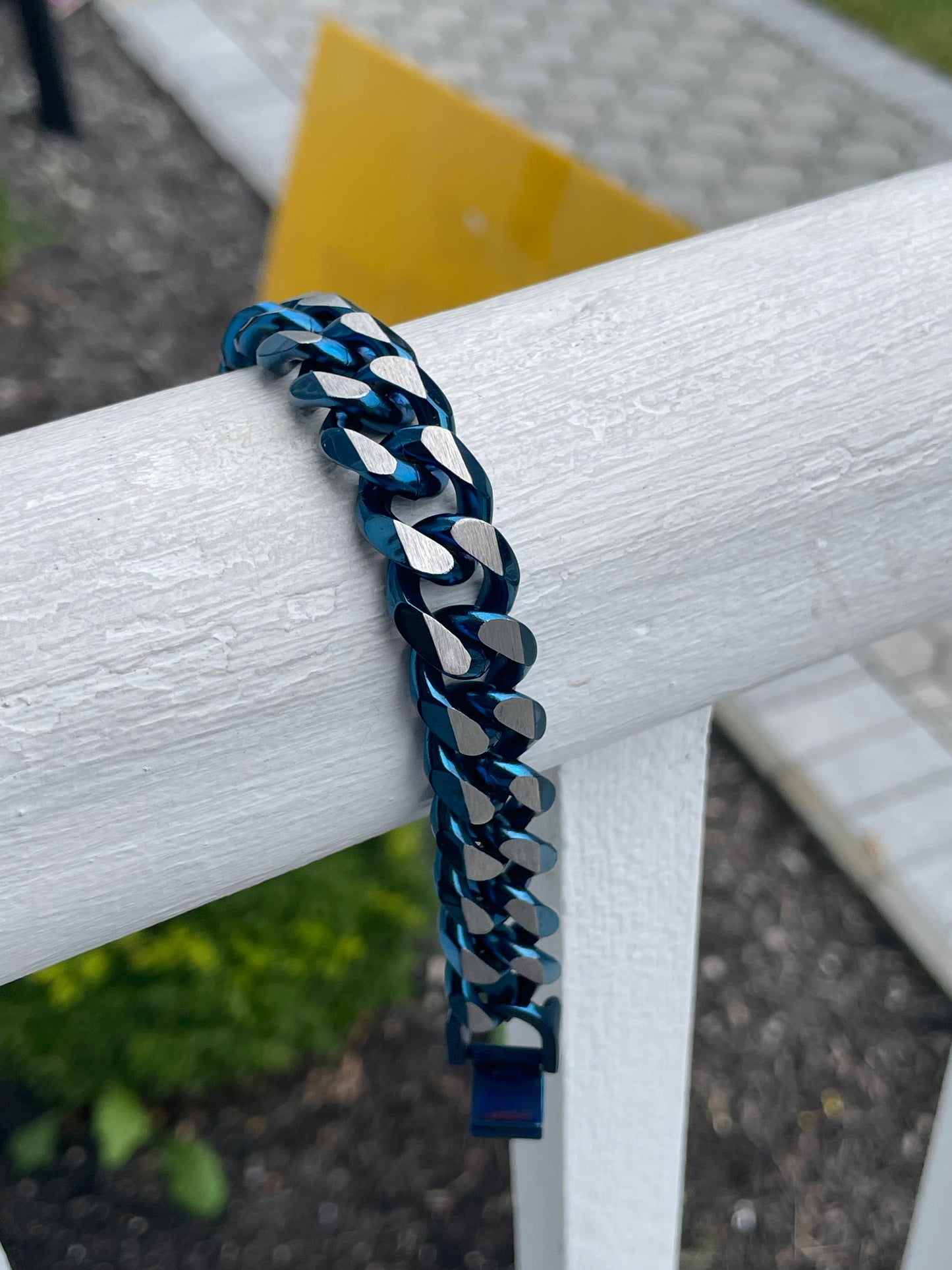 Stainless Steel Blue Rhodium Mens Cuban Link Bracelet
