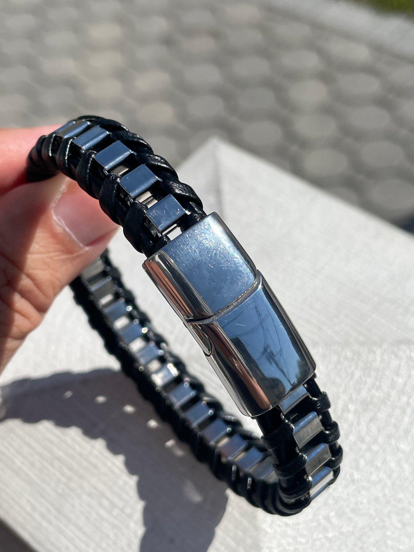 Stainless Steel & Black Leather 9.0” Mens Bracelet