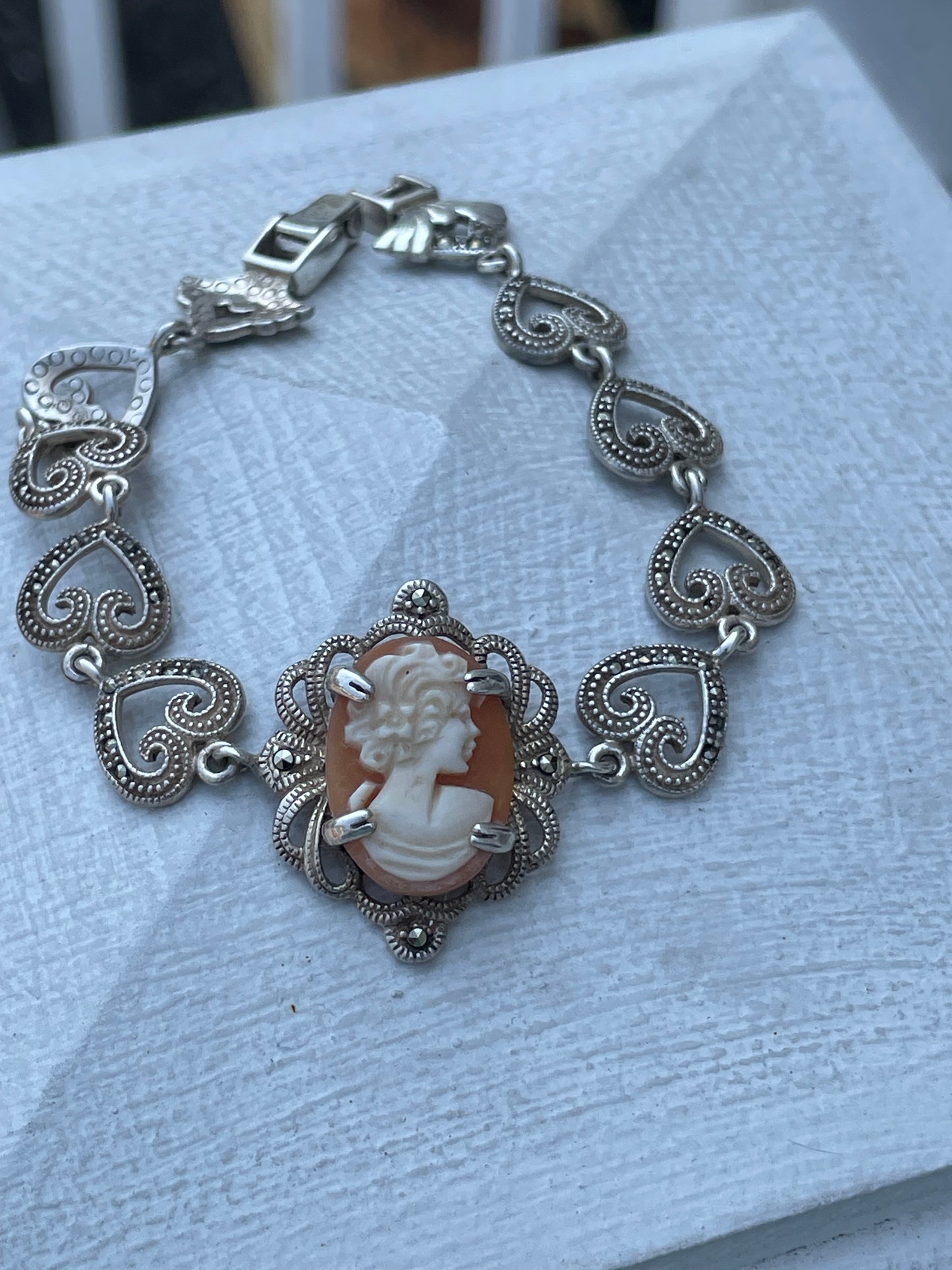 925 Sterling Silver Shell Cameo & Marcasite Bracelet