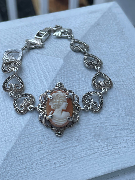 925 Sterling Silver Shell Cameo & Marcasite Bracelet