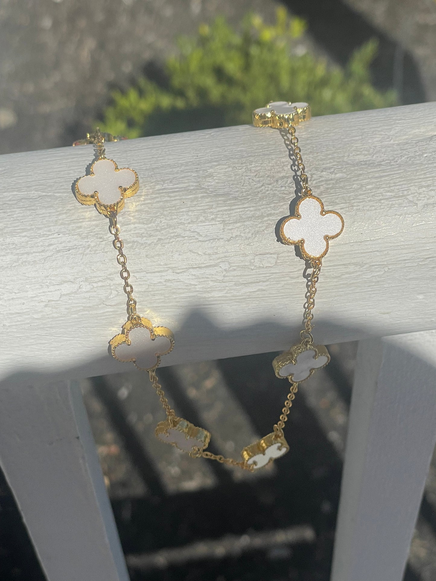 Stainless Steel Gold Color White Clover Station Van Cleef Style Necklace 18”-20”
