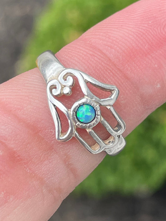 925 Sterling Silver Designer Shablool Didae Curved Hamsa Opal Ring Size 8
