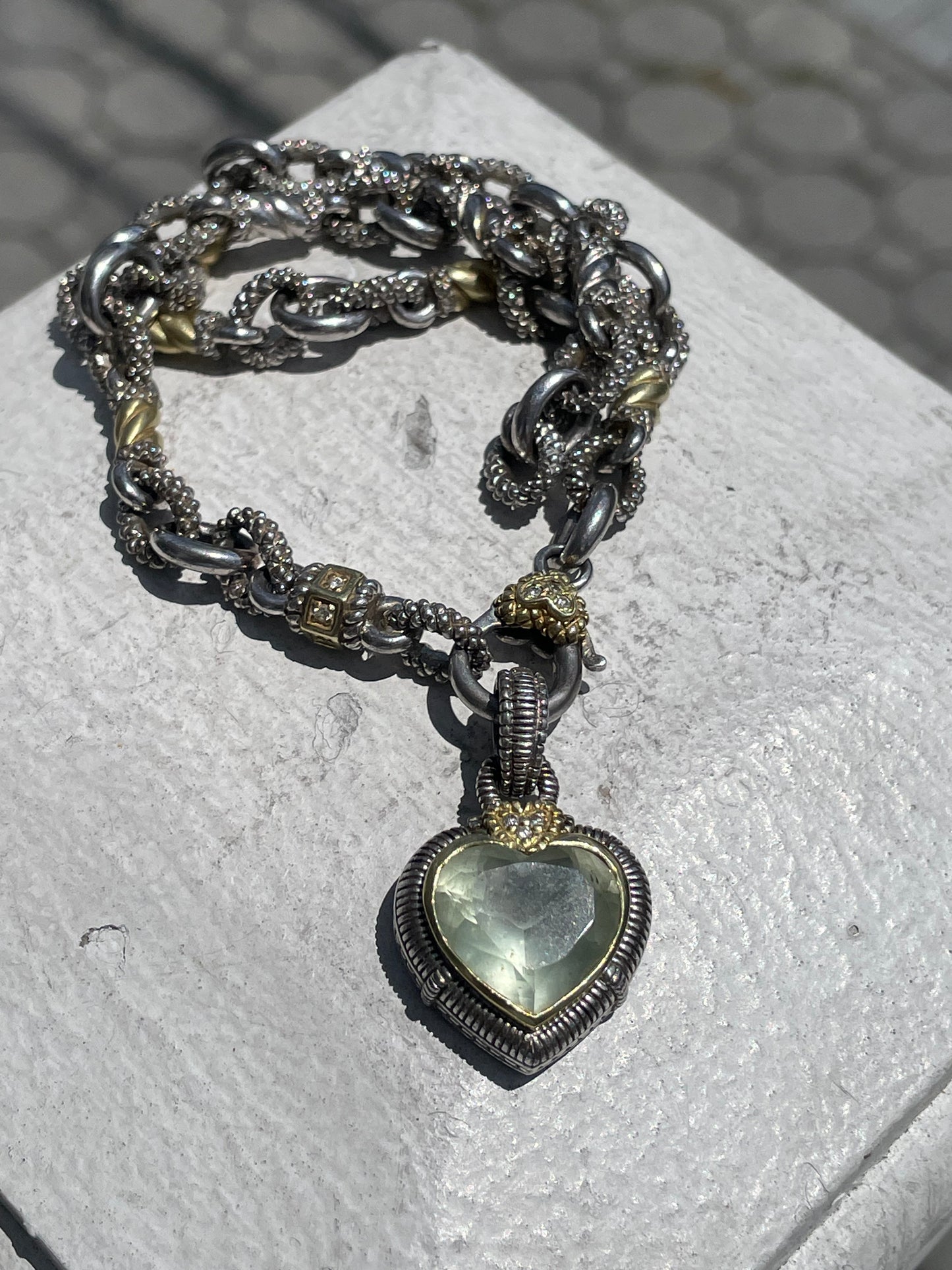 Judith Ripka 925 Sterling Silver & 18k Gold Necklace with Green Praisolite Heart Enhancer Pendant