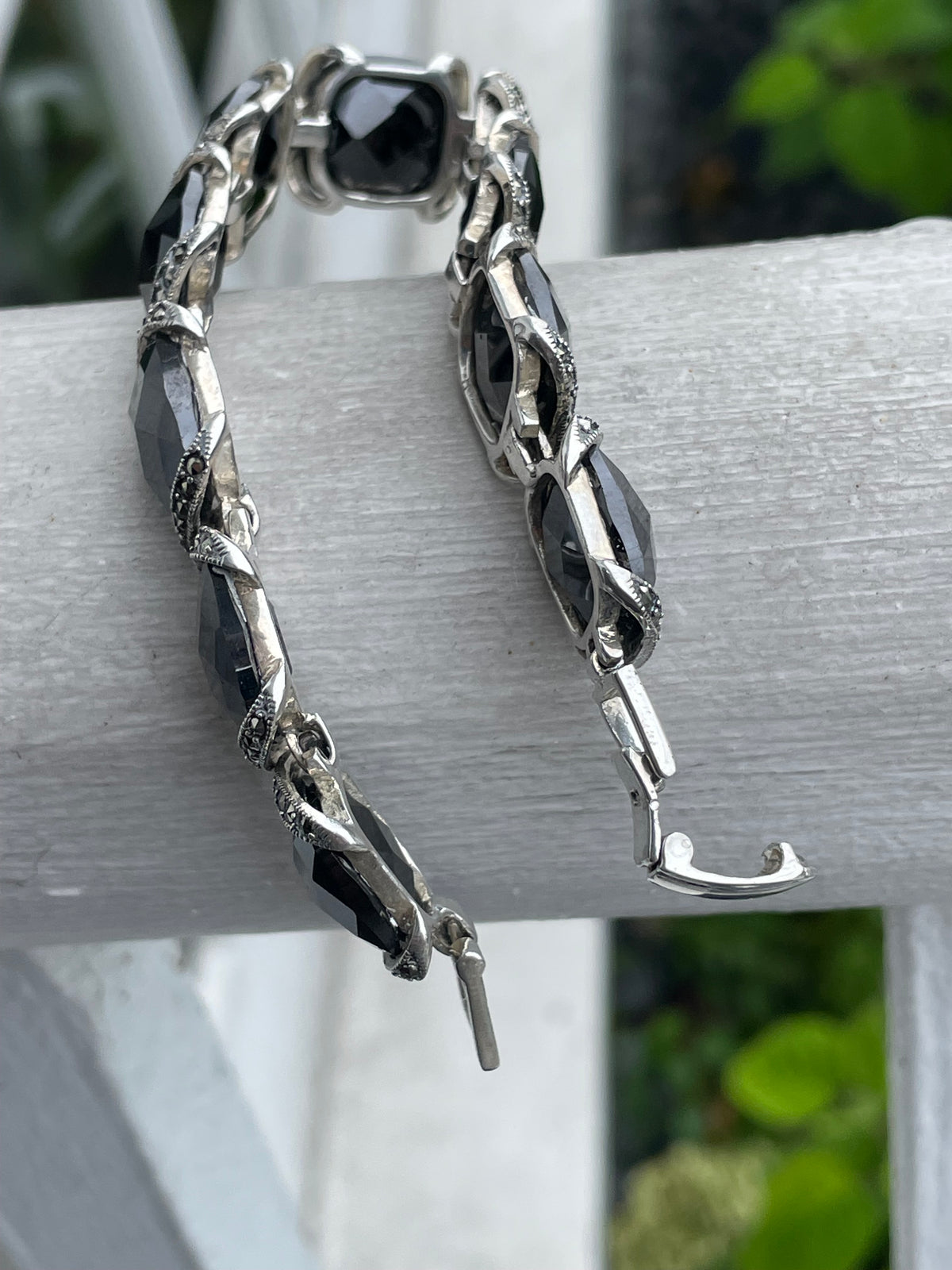 925 Sterling Silver Large Black Onyx & Marcasite Chunky Bracelet 8”