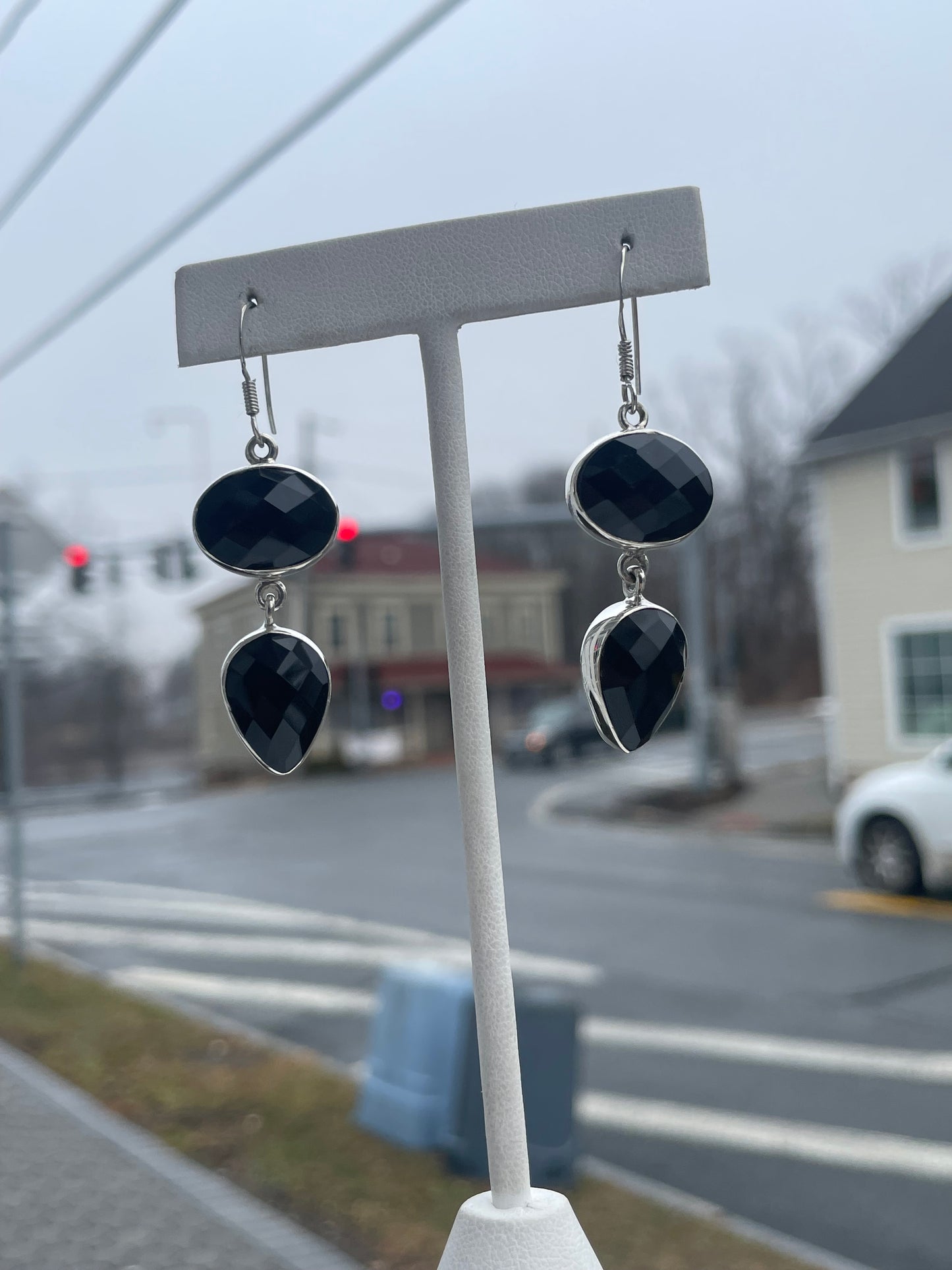 925 Sterling Silver Large Stone Black Spinel Dangle Earrings