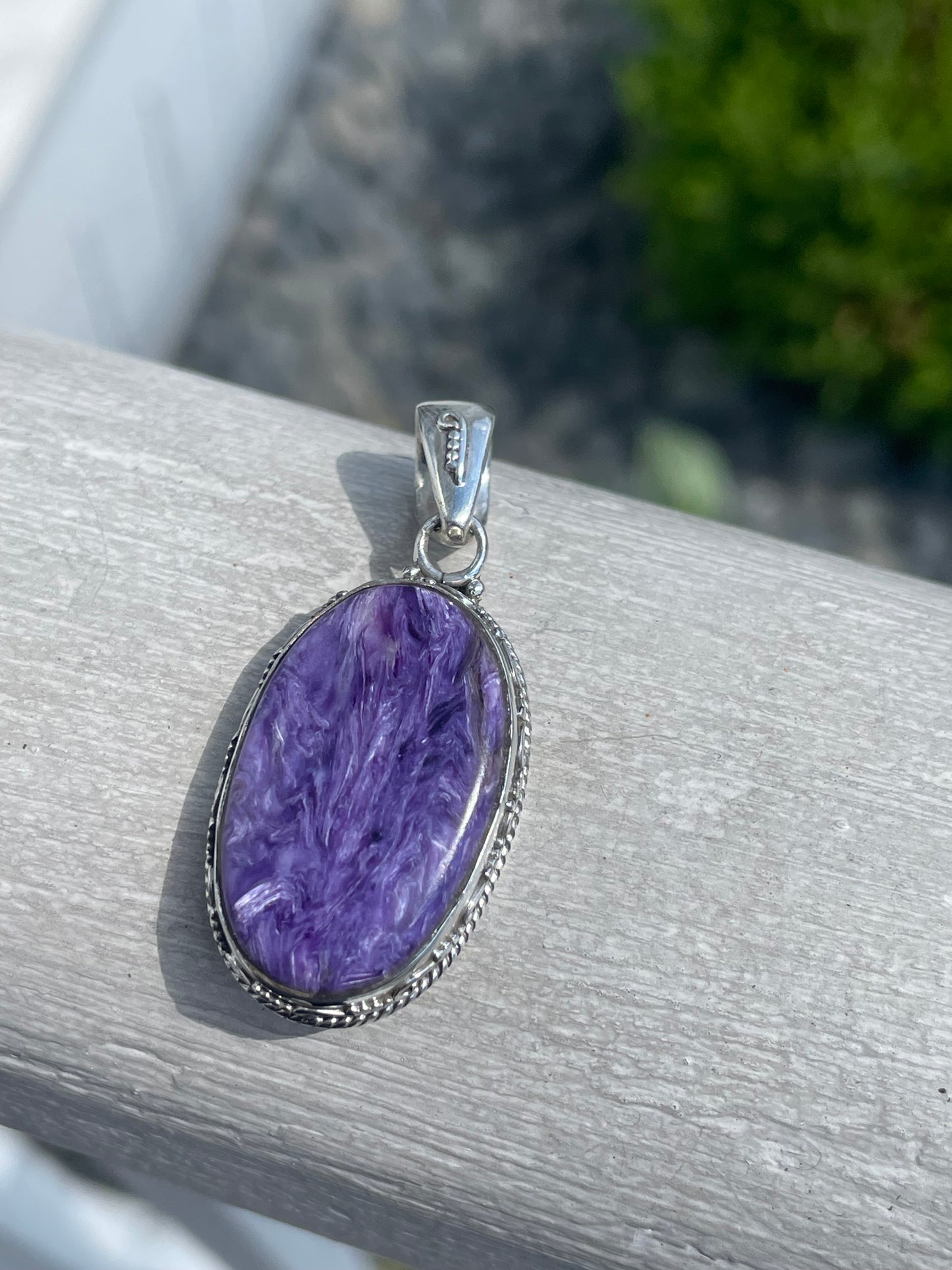 925 Sterling Silver Charoite Large Purple Stone Pendant