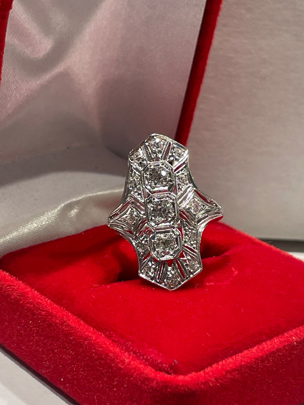 Antique Platinum Art Deco Past Present Future Ring Size 7.5