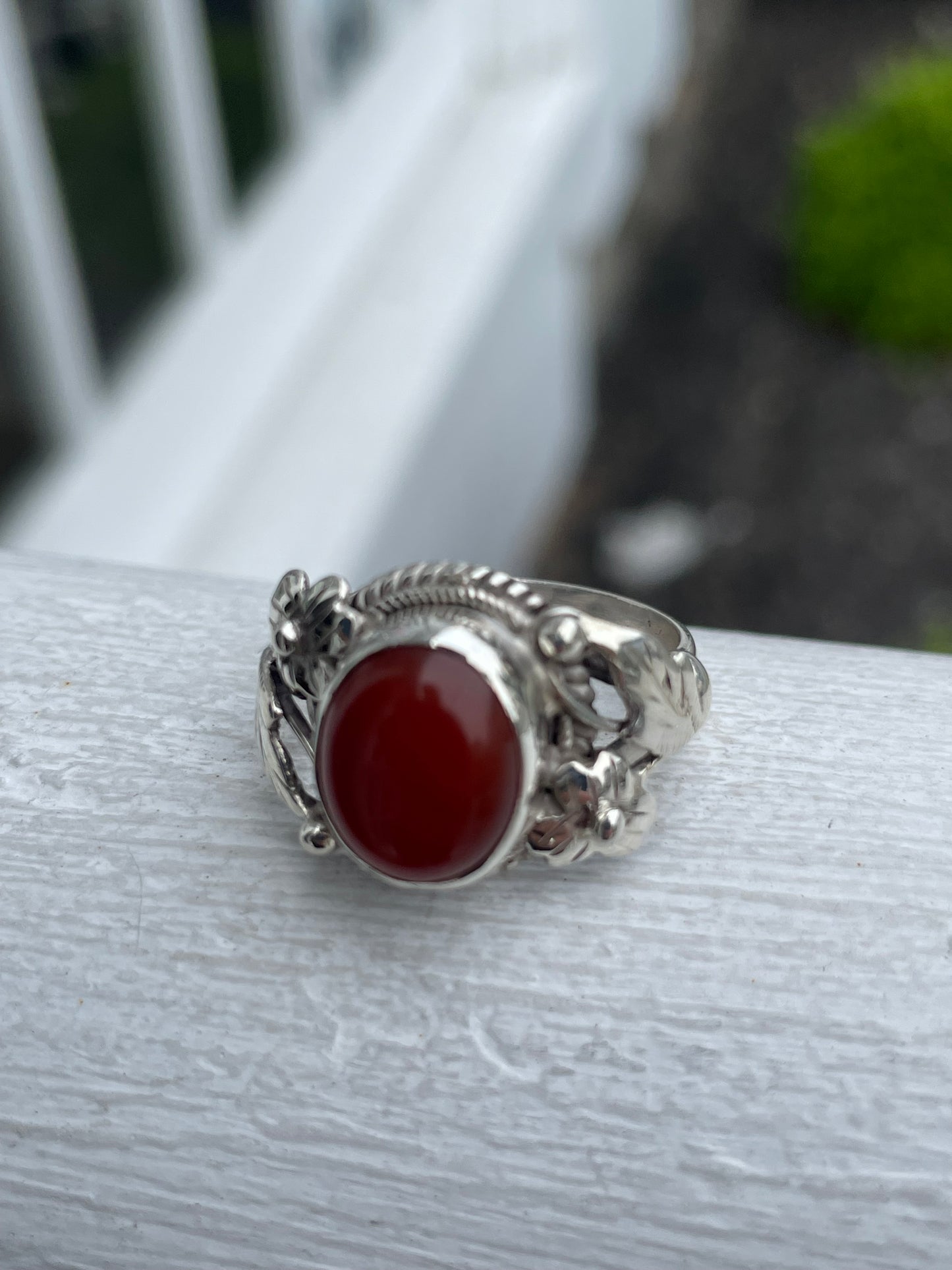 925 Sterling Silver Carnelian Solitaire Ring Nature Filigree Setting Size 7.5