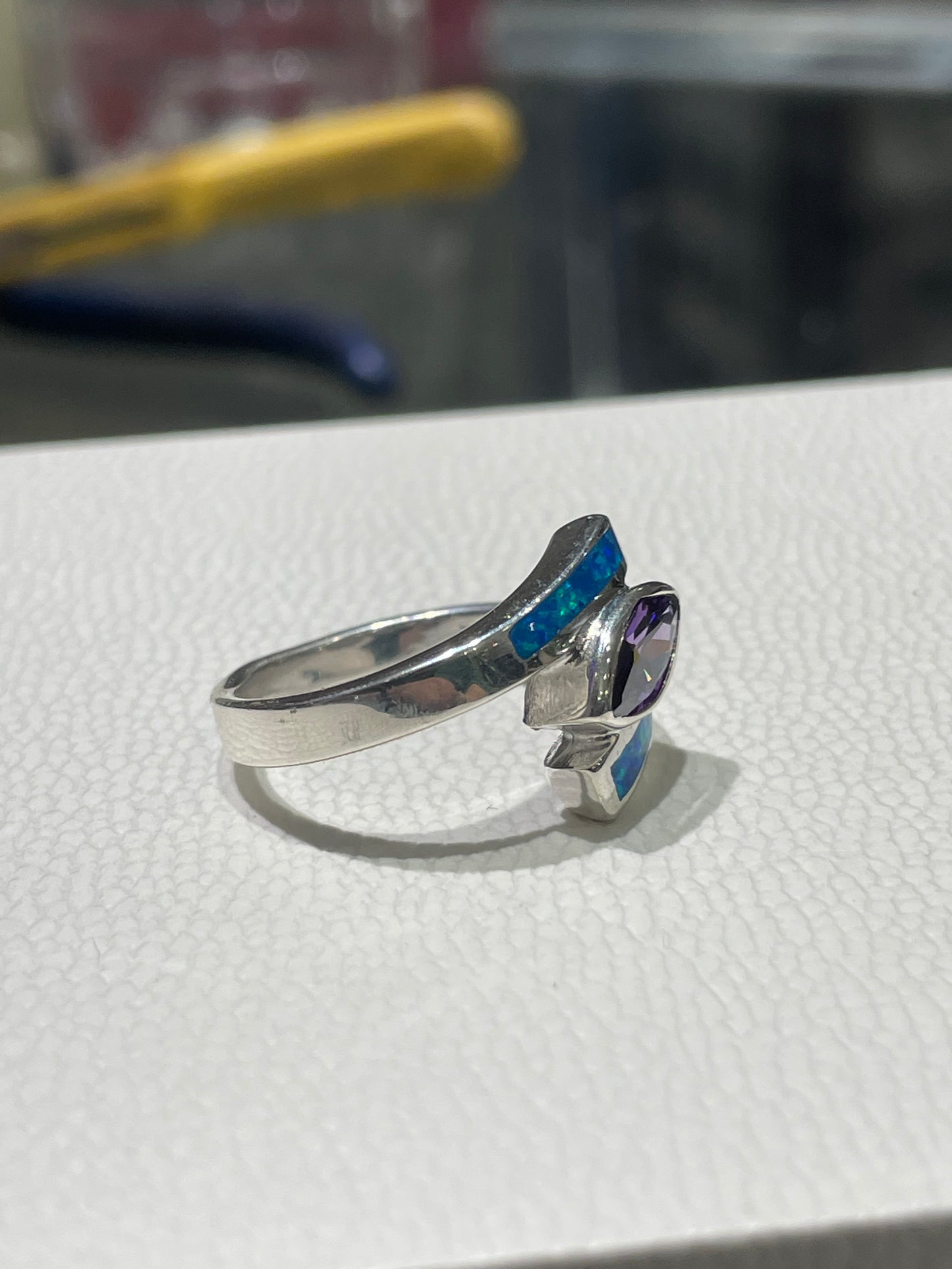 925 Sterling Silver Amethyst & Blue Opal Bypass Ring Size 7