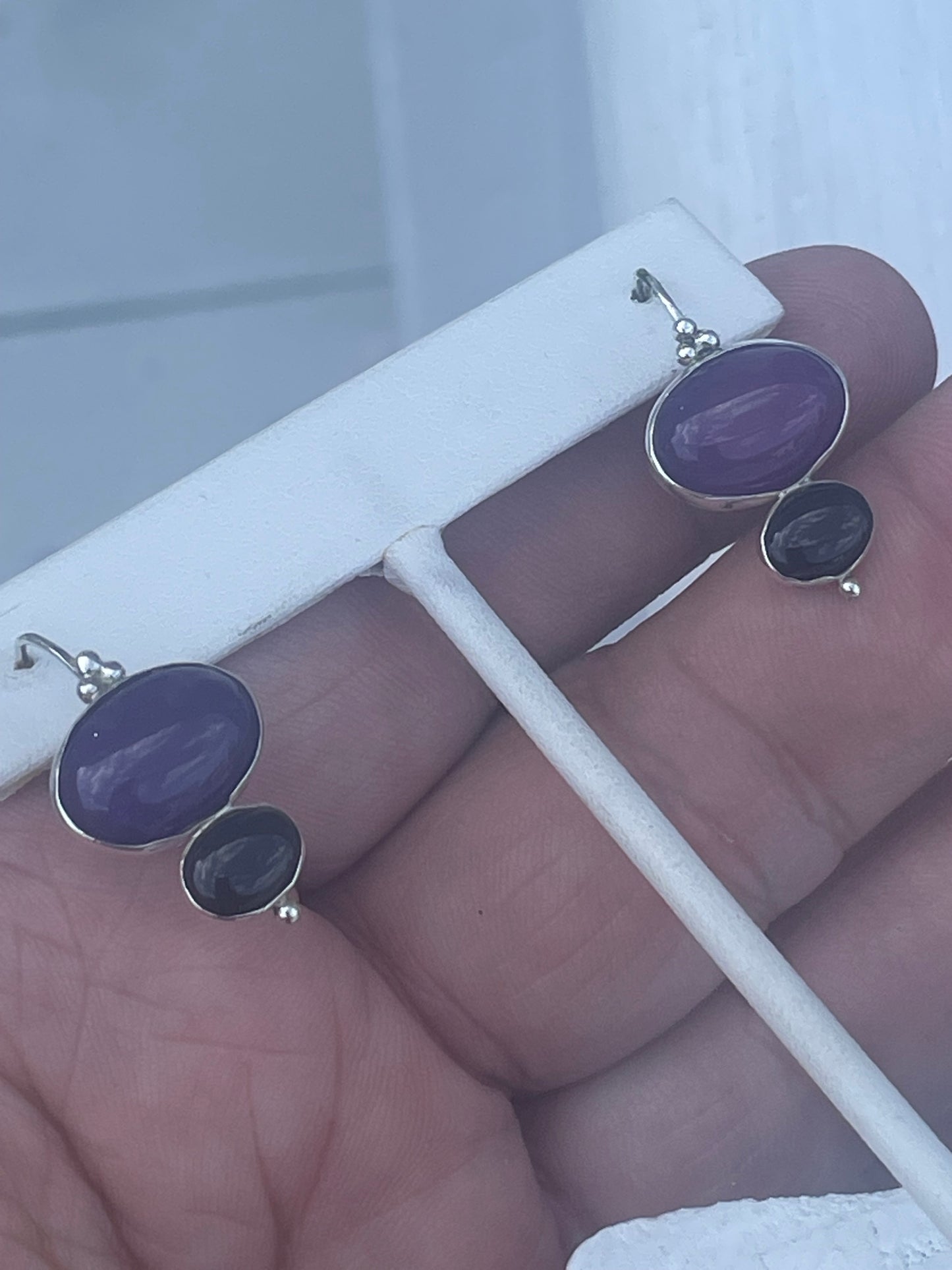 925 Sterling Silver Charoite & Onyx Drop Earrings