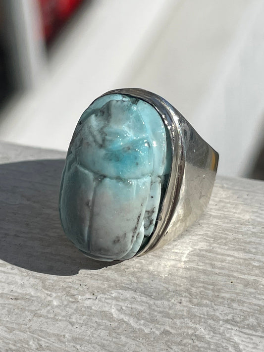 925 Sterling Silver Handmade Larimar Scarab Ring Size 7.5