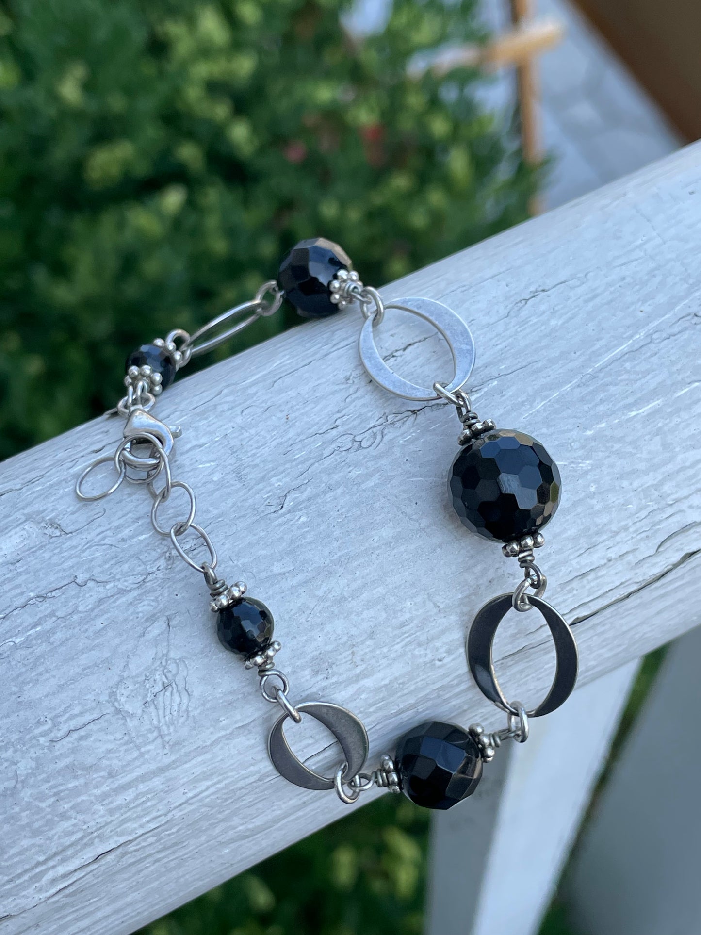 925 Sterling Silver Oval Link & Black Obsidian bead bracelet