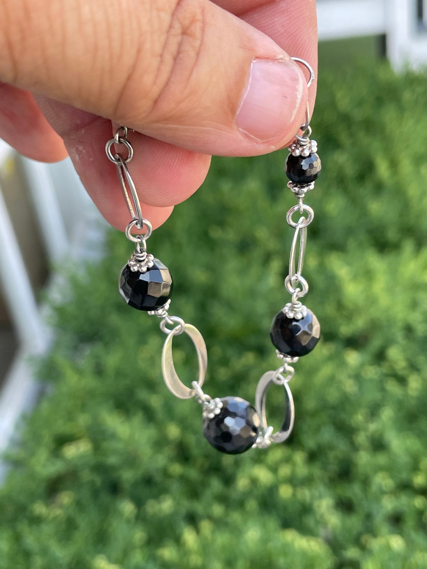 925 Sterling Silver Oval Link & Black Obsidian bead bracelet