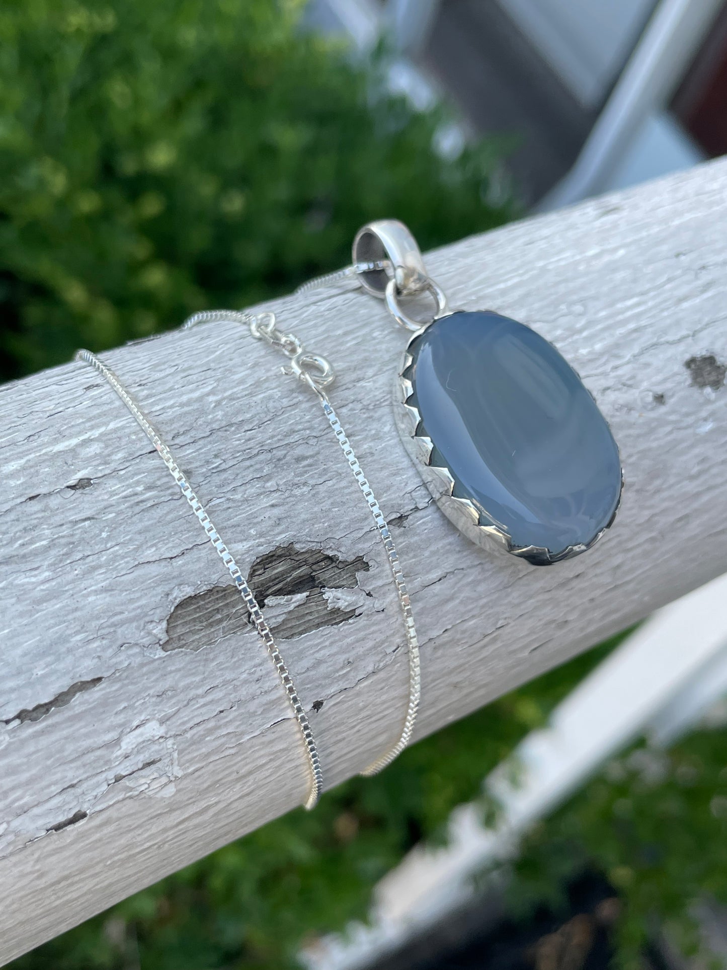 925 Sterling Silver Large Blue Chalcedony Necklace