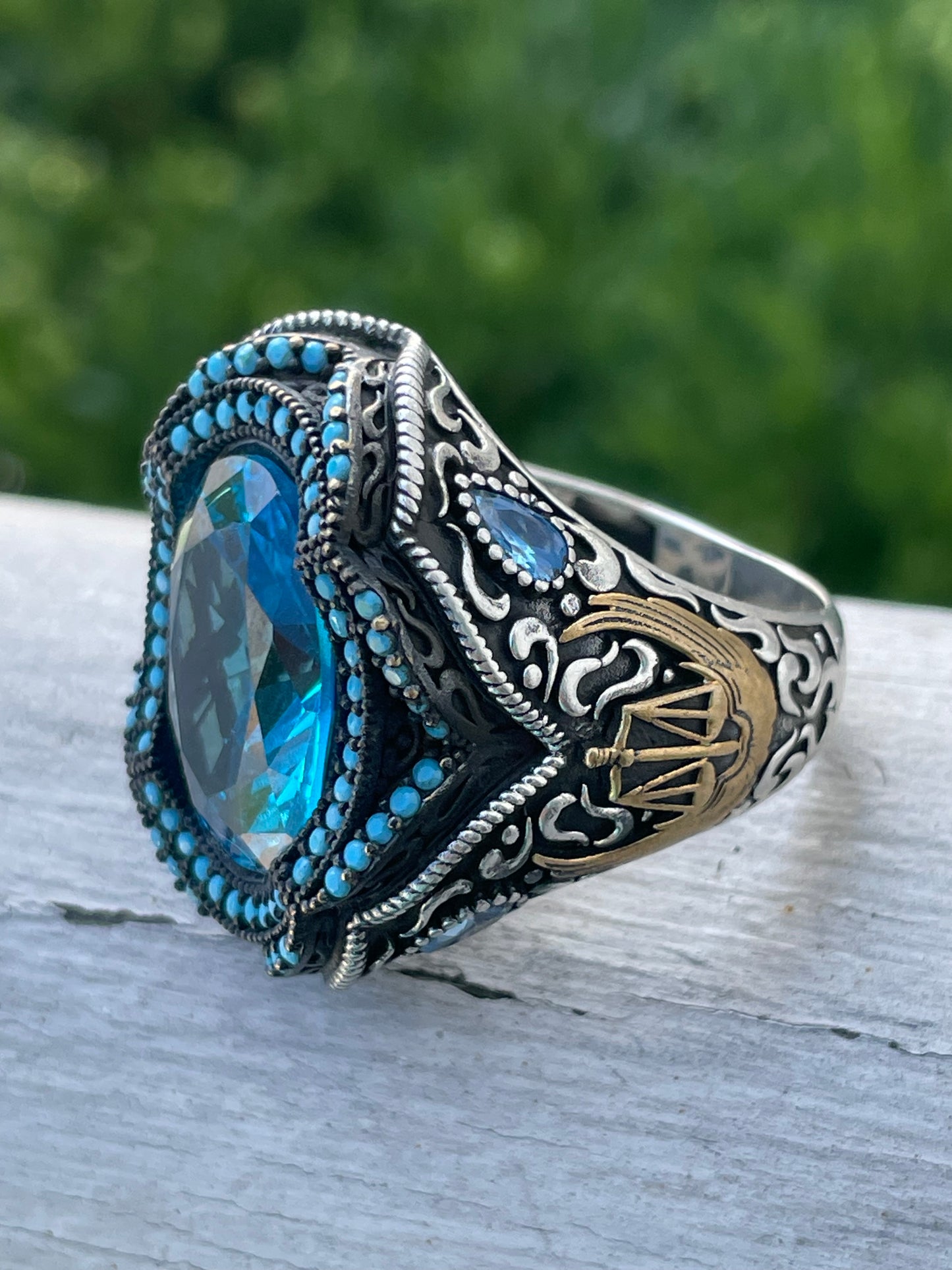925 Sterling Silver Hampton Blue Topaz & Turquoise Mens Ring