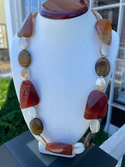 14k Gold Carnelian, Tigereye & Mother of Pearl Large Stone Necklace